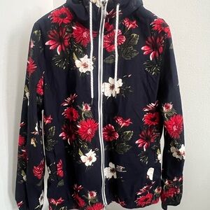 Denim & Flower Navy Blue and Red Floral Patterned Lightweight Cotton Hoodie